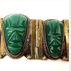 Vintage Art Deco Sterling Silver Bracelet with Green Onyx Faces